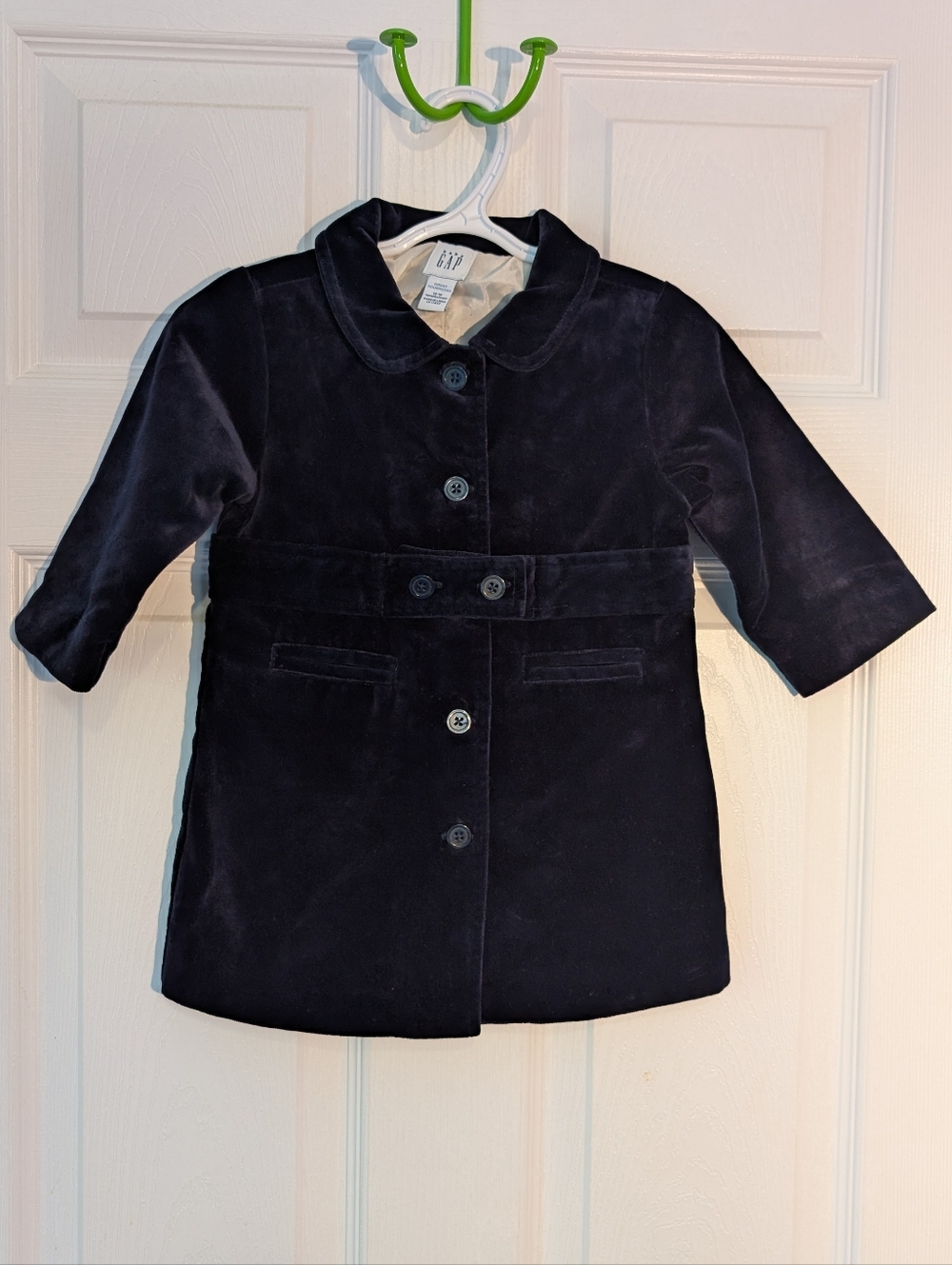 Baby Gap Navy Blue Cotton Velour Coat Lined Button Belted Waist 12-18 Monts
